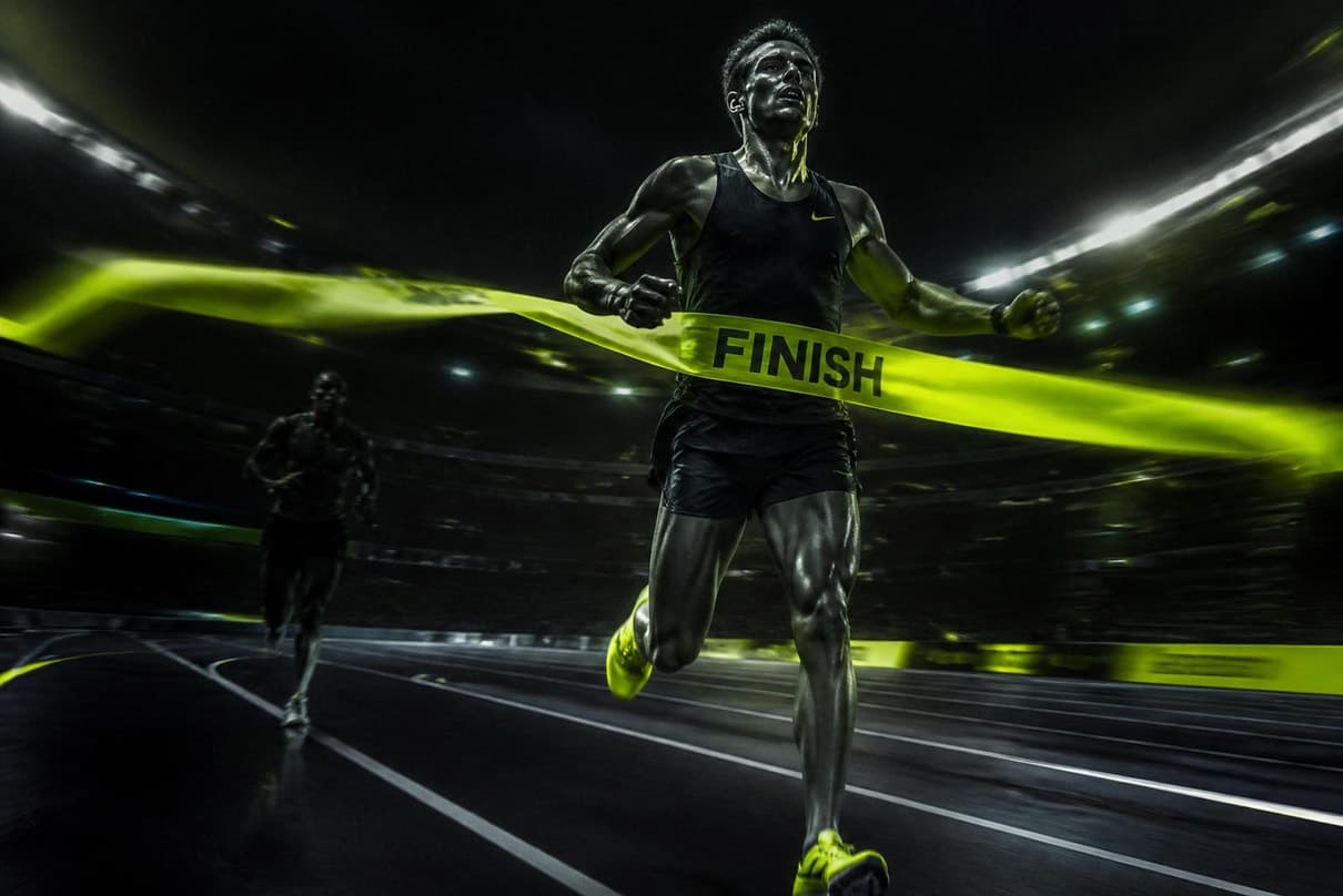 A runner breaking through a lime-green finish tape in a floodlit stadium