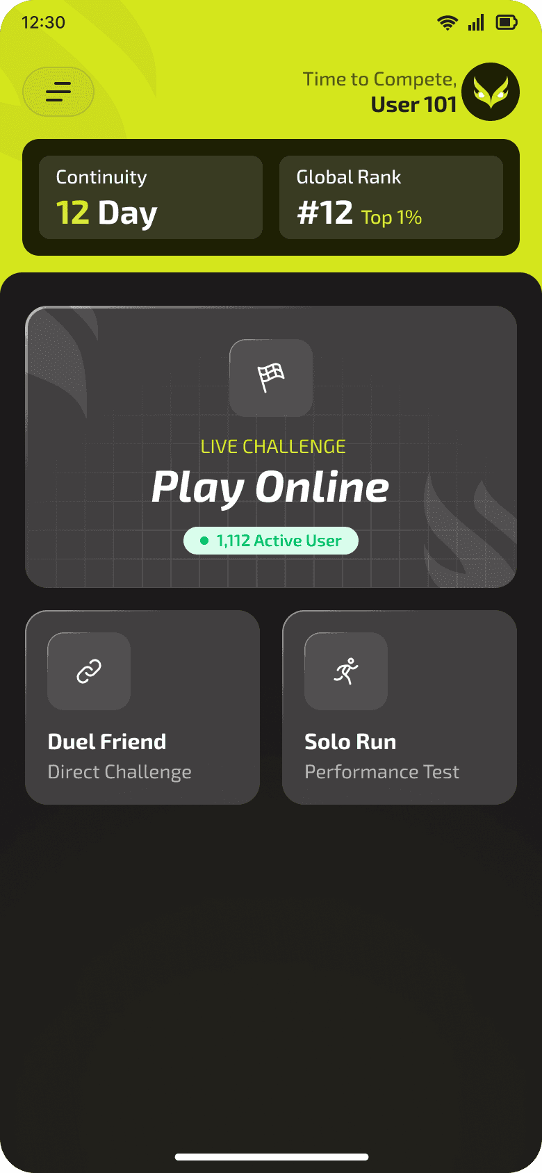 The Gymit Track home screen, showing the Play Online, Duel Friend and Solo Run modes