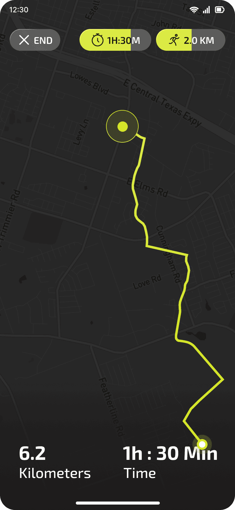 Live run tracking in Gymit Track: a 6.2 km route drawn on a map, 1 hour 30 minutes
